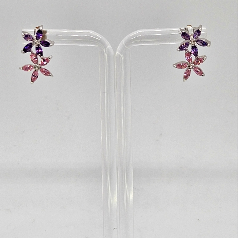 Pink and Purple Crystal Sterling Flower Earrings